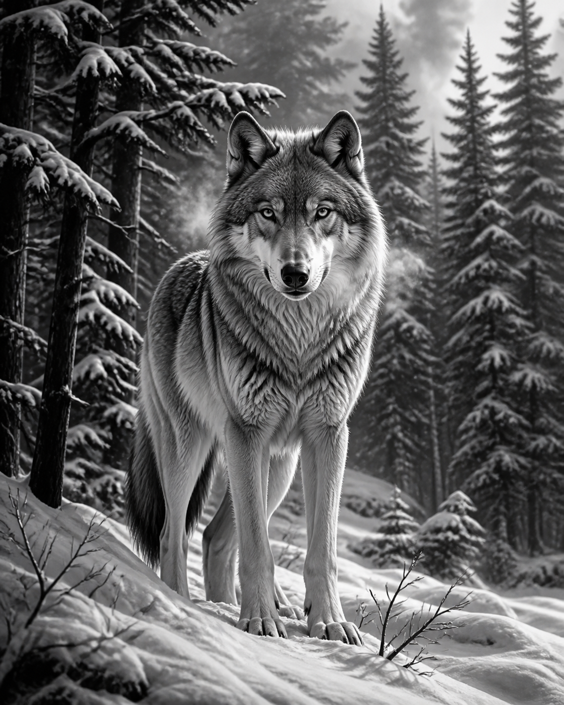 Diamond Painting Wolf in de Sneeuw Zwart Wit – volledig zwart-witontwerp