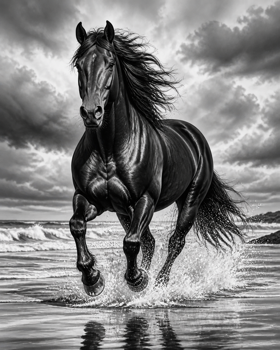 Diamond Painting Paard aan Zee Zwart Wit – volledig zwart-witontwerp