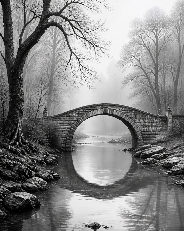 Diamond Painting Brug in de Nevel Zwart Wit – volledig zwart-witontwerp