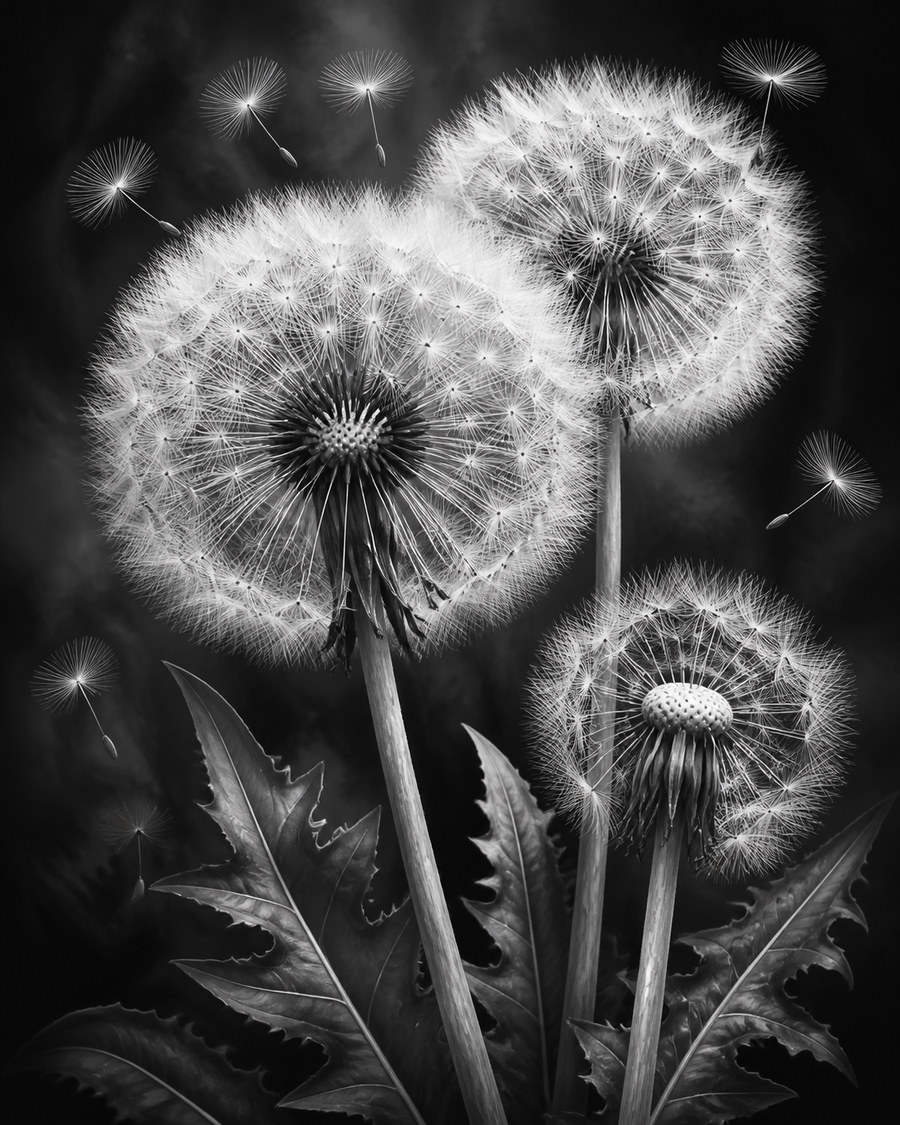 Diamond Painting Paardenbloemen Zwart Wit – volledig zwart-witontwerp