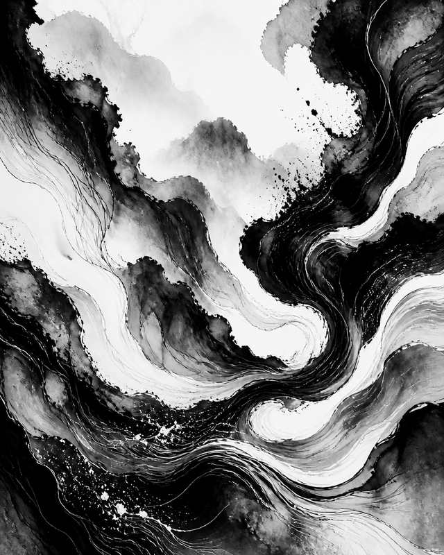 Diamond Painting Abstracte Inktgolven Zwart Wit – volledig zwart-witontwerp