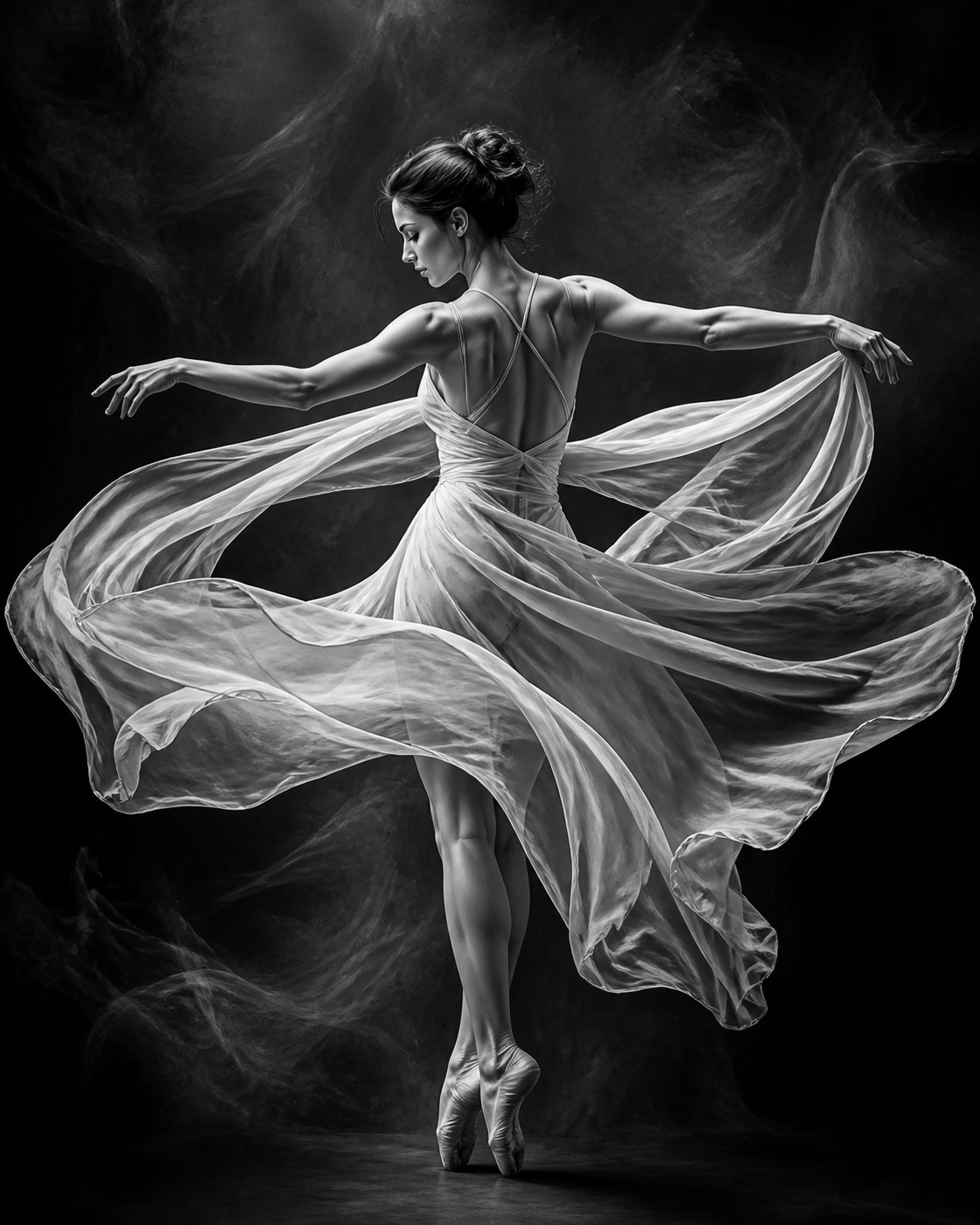 Diamond Painting Danseres met Wapperende Stof Zwart Wit – volledig zwart-witontwerp