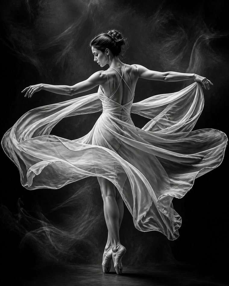 Diamond Painting Danseres met Wapperende Stof Zwart Wit – volledig zwart-witontwerp