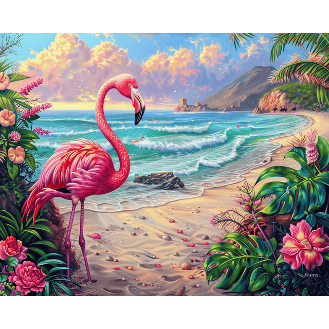 diamond painting - flamingo op het strand – afbeelding 1
