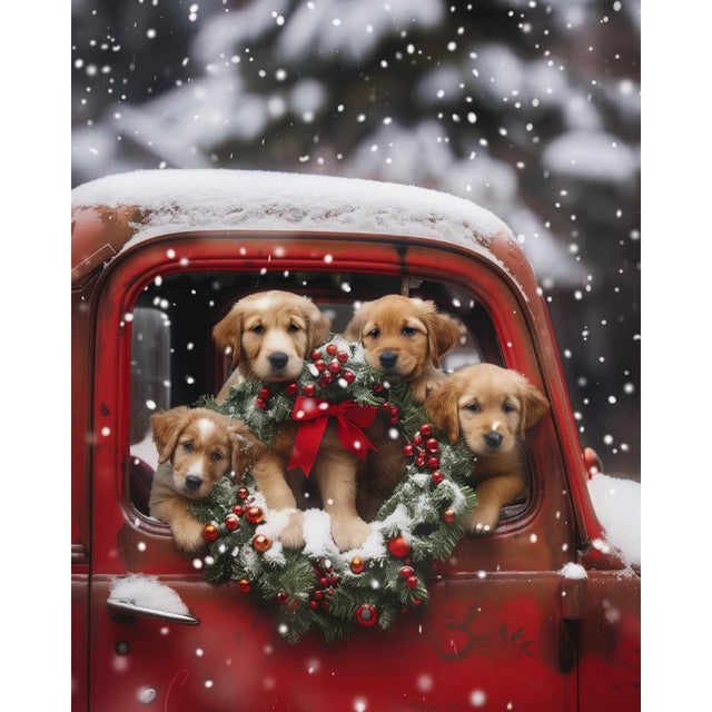 diamond painting - puppy’s in de rode auto – afbeelding 1