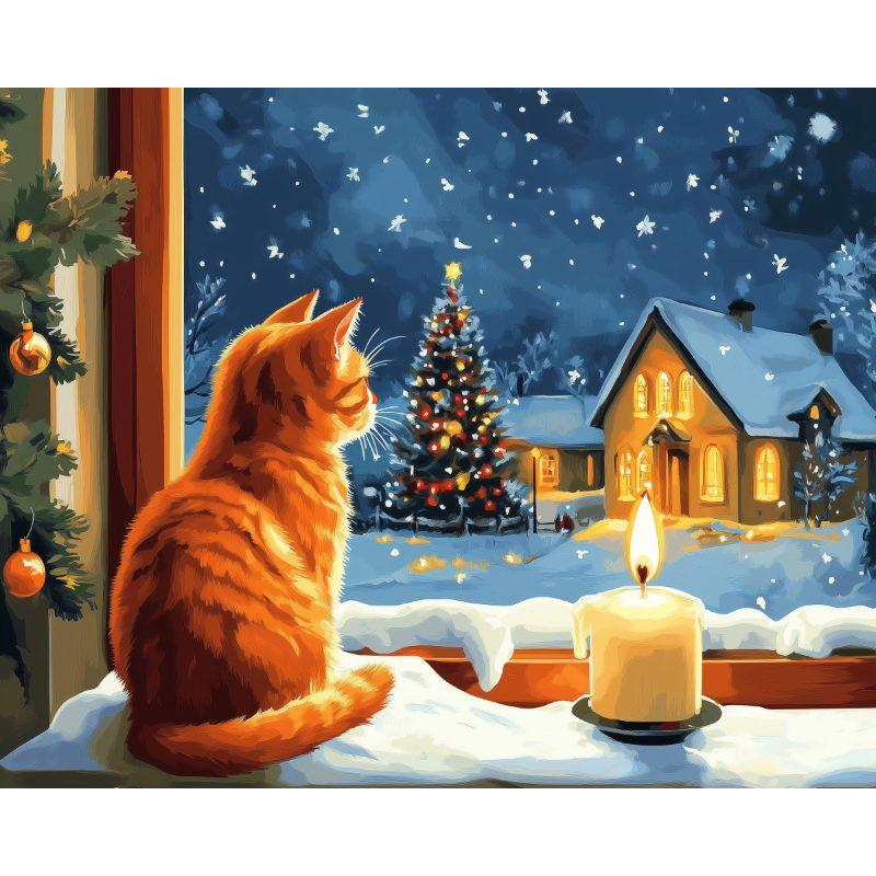 diamond painting - kat bij het raam tijdens kerstmis – afbeelding 1