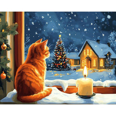 diamond painting - kat bij het raam tijdens kerstmis – afbeelding 1