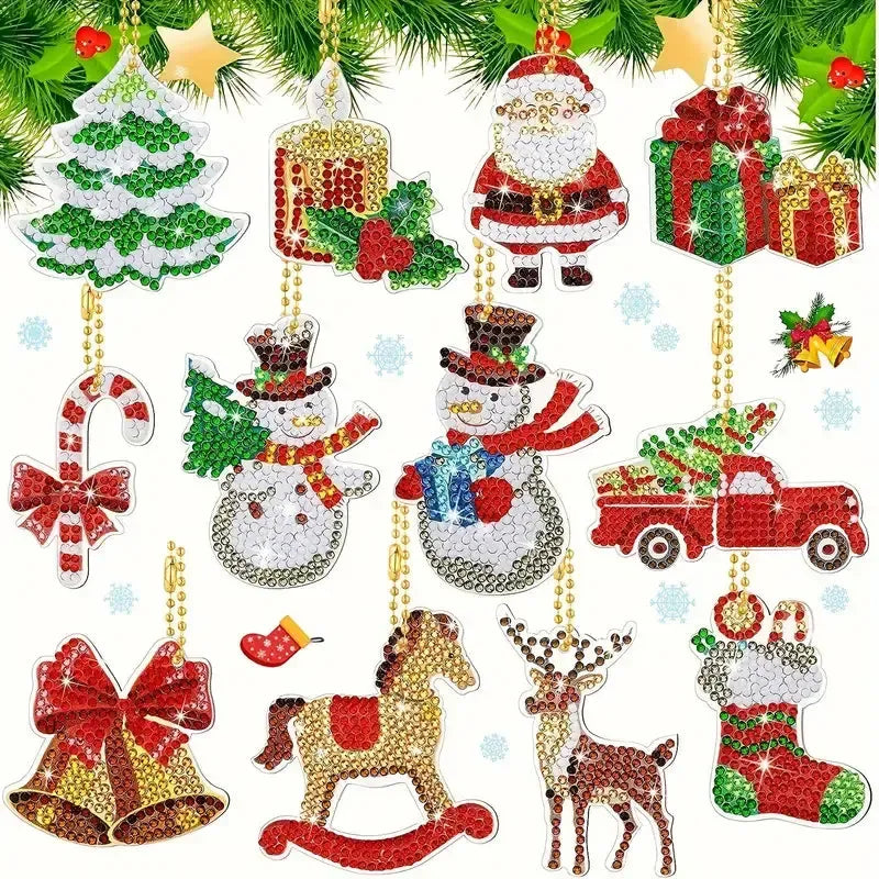 diamond painting kerst sleutelhangers - 12 stuks – afbeelding 4