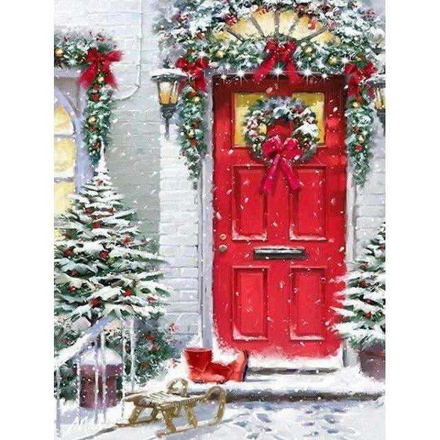 diamond painting - kerst sneeuw rode deur – afbeelding 1