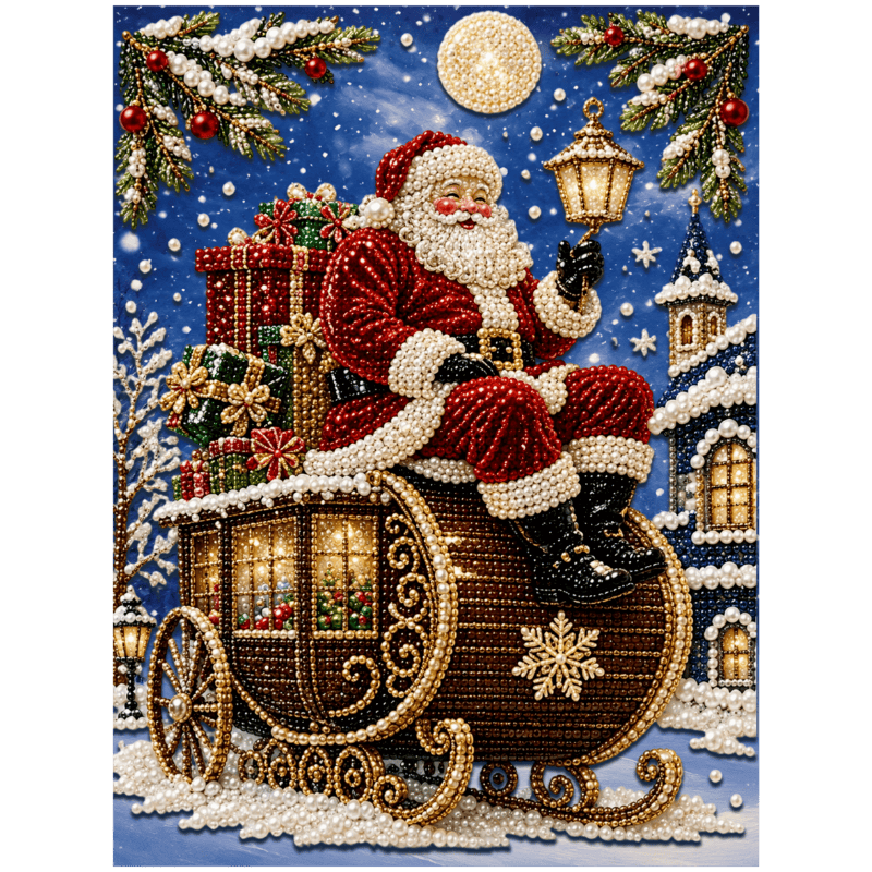 diamond painting - kerstman op zijn slee - premium parel diamond painting – afbeelding 1