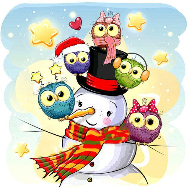 diamond painting - sneeuwpop & uiltjes – afbeelding 1