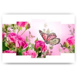 Diamond Painting Vlinder met roze bloemen 5 luik