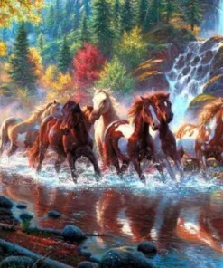 Groep paarden in het water - Diamond painting